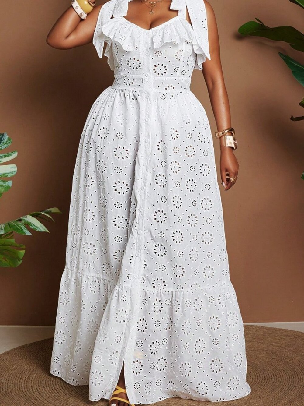 White Boho Elegant Women's Plus Size Woven Embroidered Patchwork Ruffle Dress - Picture 3 of 6